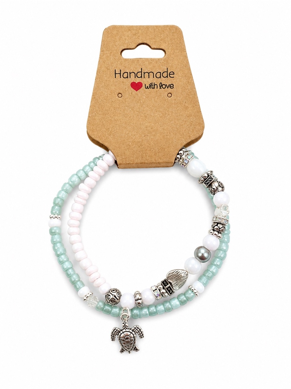 Handmade Beaded Stretch Bracelet Set White/Light Green Turtle Charm Boho Jewelry